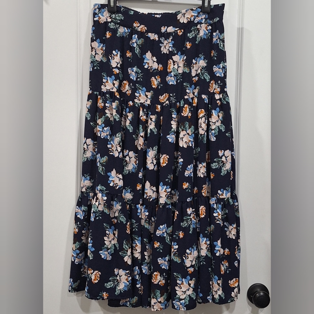 LC Lauren Conrad Navy Floral Tiered Maxi Skirt